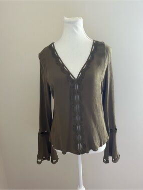 Guess Olive Green V-Neck Lace-Trim Blouse